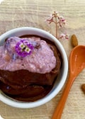 Gelato vegano al cioccolato amaro con topping ai mirtilli e fiori di alisso