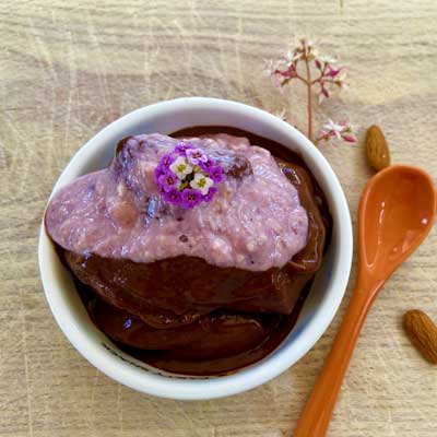 Gelato vegano al cioccolato amaro con topping di mirtilli e fiori di alisso